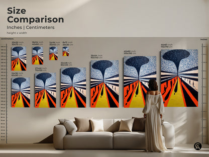 This size comparison chart shows different dimensions. Geometric people artwork features an orange blue yellow canvas. It is perfect for a housewarming present art.
