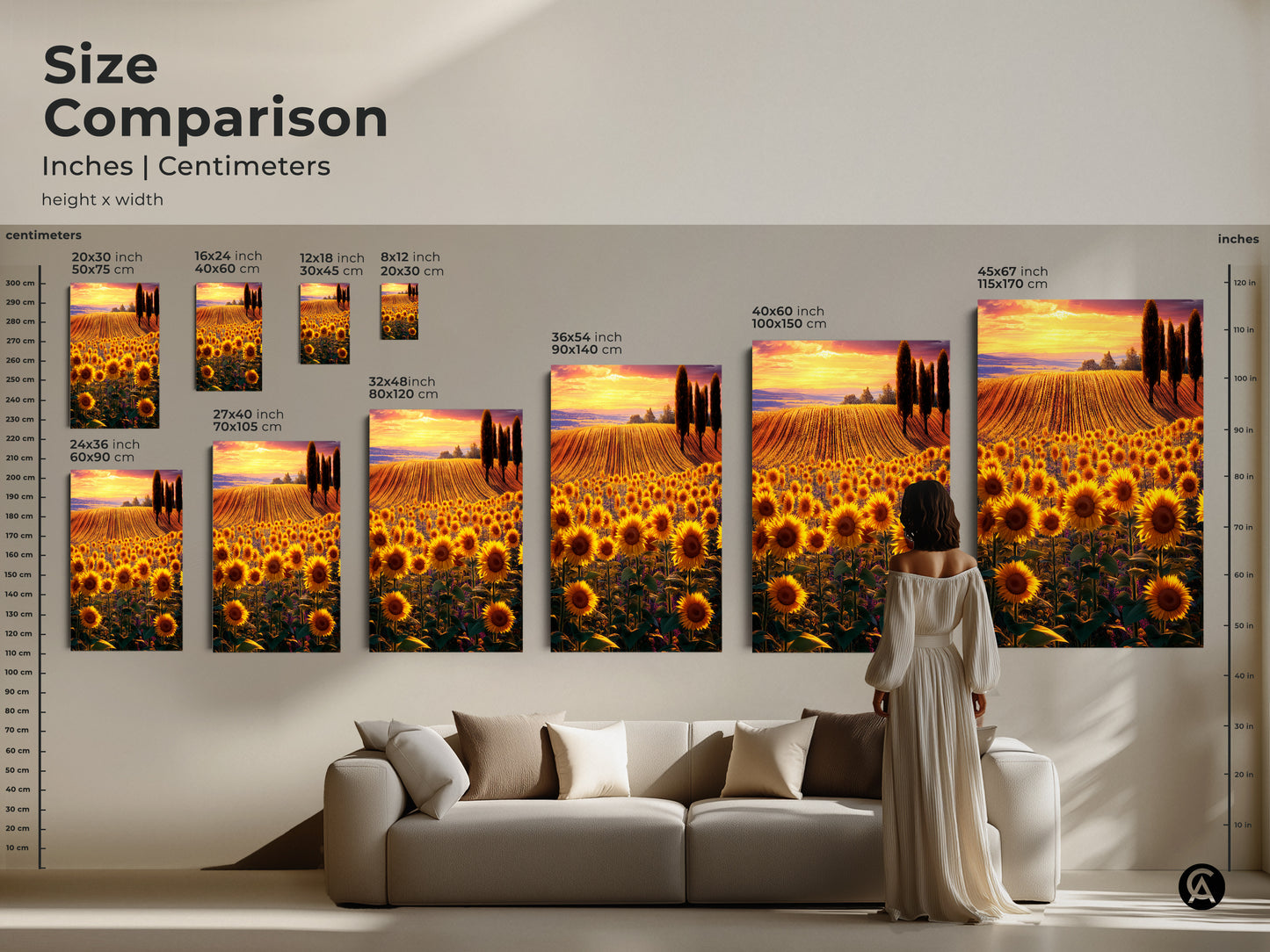 Compare the sizes of this sunflower field art canvas with this size comparison guide. Ranging from small to large. See how each size enhances your living space. Imagine a large canvas print adding botanical beauty to your home decor.
