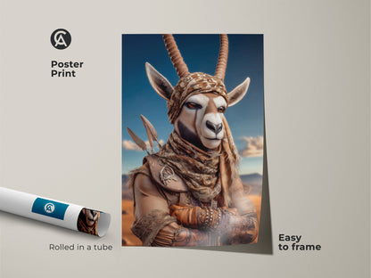 Poster print of a tribal gazelle canvas art. This african animal portrait makes for spiritual warrior wall art. This eclectic home decor print is easy to frame. Perfect as fantasy animal artwork. Rolled in a tube for protection.