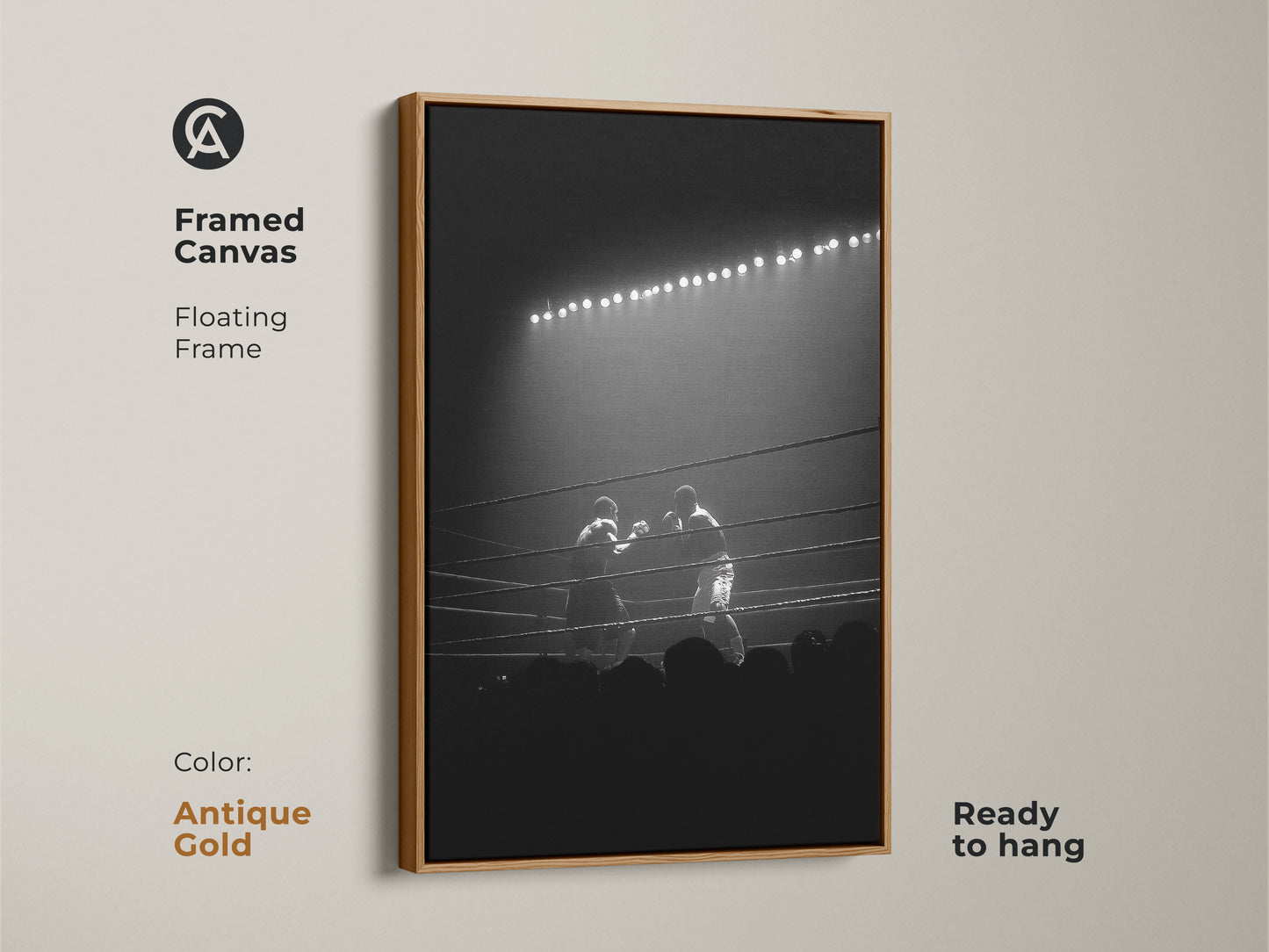 Antique gold framed canvas featuring black and white boxing ring photography. It is set in a floating frame and ready to hang. Elevate your gym with this dramatic sports art.