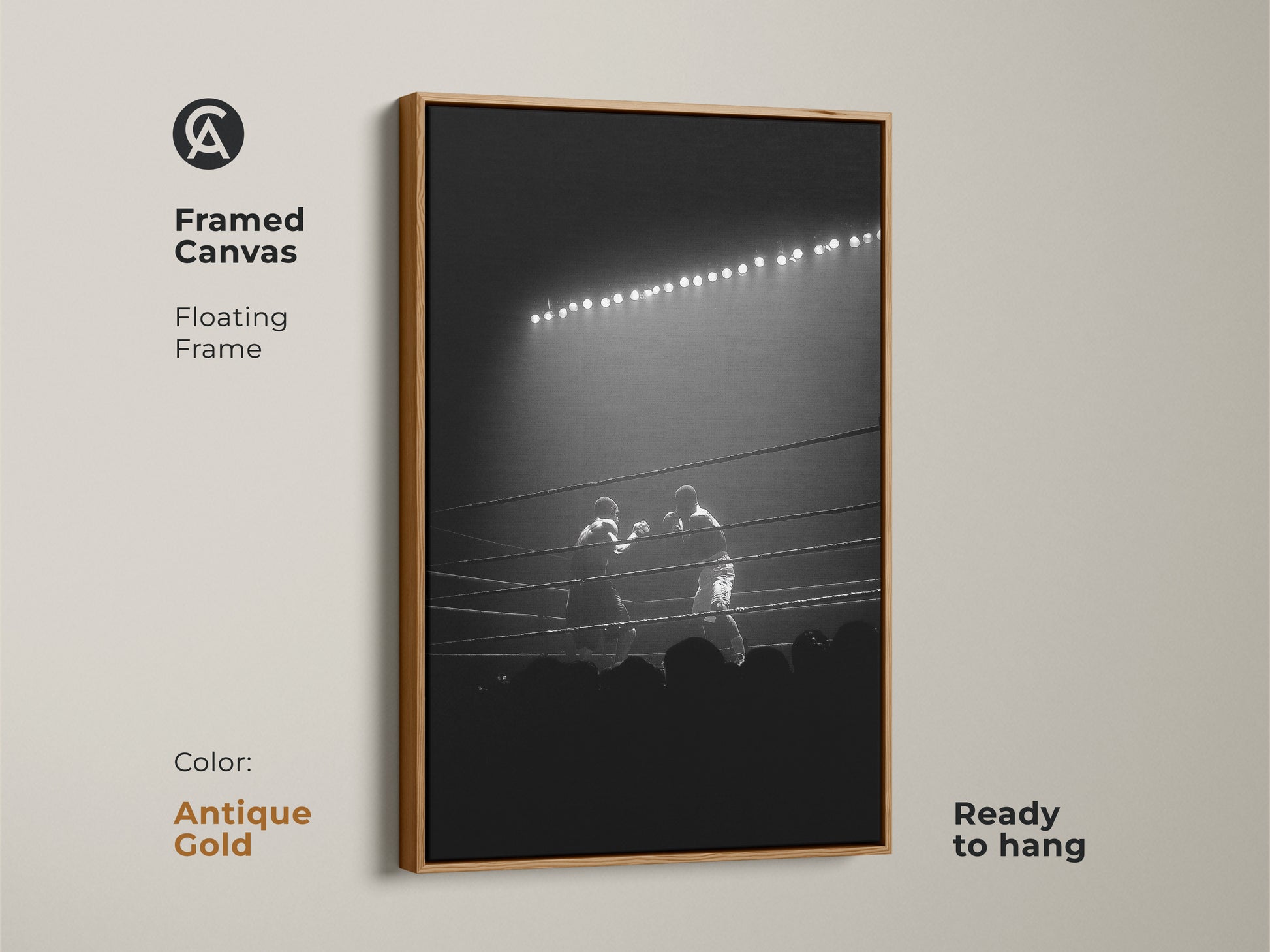 Antique gold framed canvas featuring black and white boxing ring photography. It is set in a floating frame and ready to hang. Elevate your gym with this dramatic sports art.