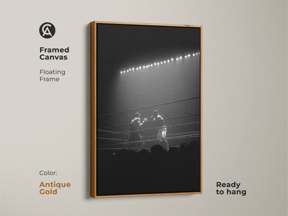Antique gold framed canvas featuring black and white boxing ring photography. It is set in a floating frame and ready to hang. Elevate your gym with this dramatic sports art.