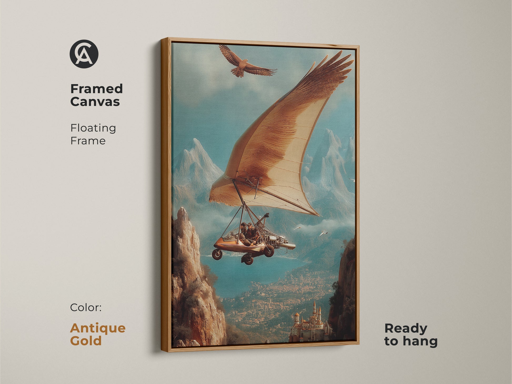 Framed Canvas in white with surreal hang glider art & eagle. Brown blue & teal add epic adventure. Elevates eclectic living room decor with a unique nature transportation theme. Ideal office study wall decor. The unique statement wall art is ready to hang.