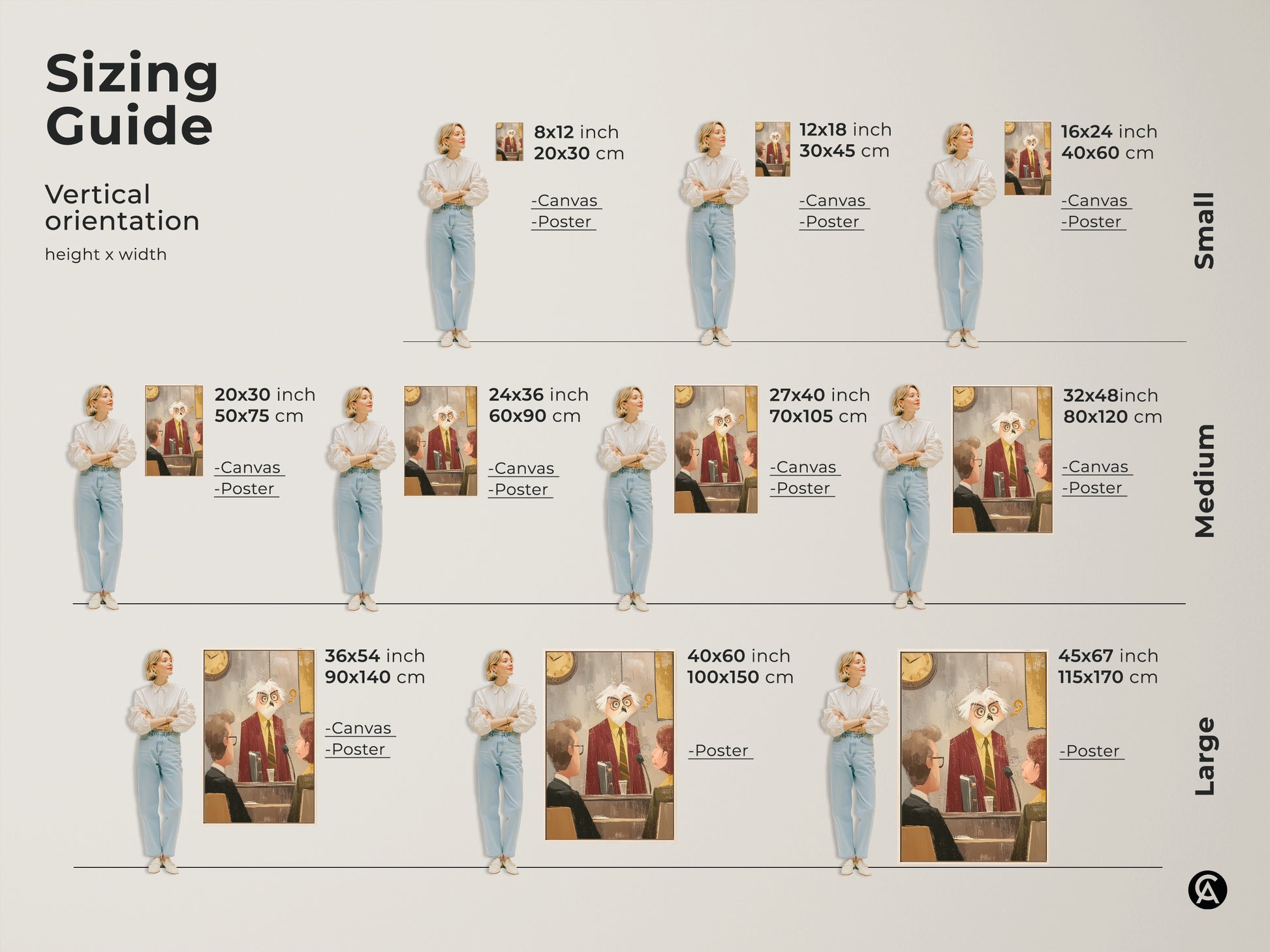 Sizing guide for vertical art orientation. Visualize this eclectic courtroom artwork in various sizes from small to large. The owl judge art print is perfect as a gift for lawyers. It will enhance any office or workspace with its unique charm.
