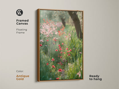 Framed canvas in antique gold displays red poppy art. Floating frame enhances the impressionistic wildflower garden. Boho botanical wall art adds a touch of rustic charm. This nature lover gift print makes a great plant mom gift. Artistic flower canvas with vibrant poppy artwork.