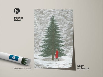 Poster print of a winter scene featuring a pine tree and a woman in a red dress. This snowy landscape art is easy to frame and adds a Nordic style to any room. Perfect for winter lovers.