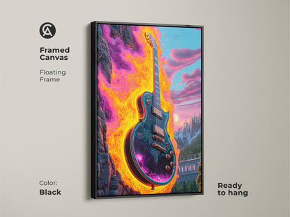 Framed canvas of psychedelic electric guitar artwork with a floating black frame. Ready to hang abstract cosmic mountain landscape art. Vibrant oranges purples and cosmic blues bring intense color to music rooms and studios. Eclectic wall decor perfect as a unique gift for musicians.
