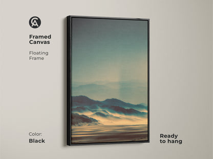 Framed canvas art with a floating frame in black. The artwork showcases a misty mountain landscape. It is ready to hang and enjoy. This piece adds a touch of elegance to your decor. The serene scene brings a sense of calm to any room.