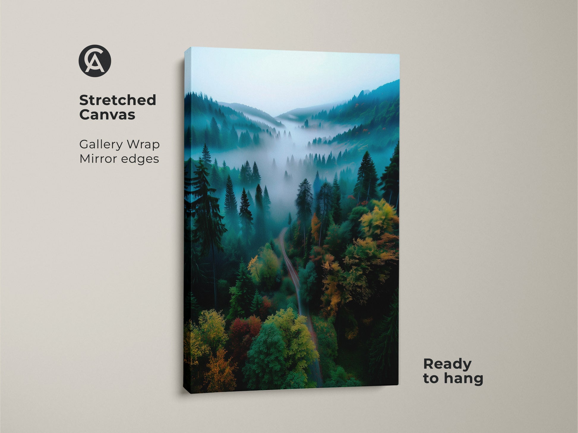 A gallery wrapped stretched canvas shows a misty forest. Mirror edges add depth to this tranquil landscape. It is a ready to hang artwork. Perfect for nature lovers.