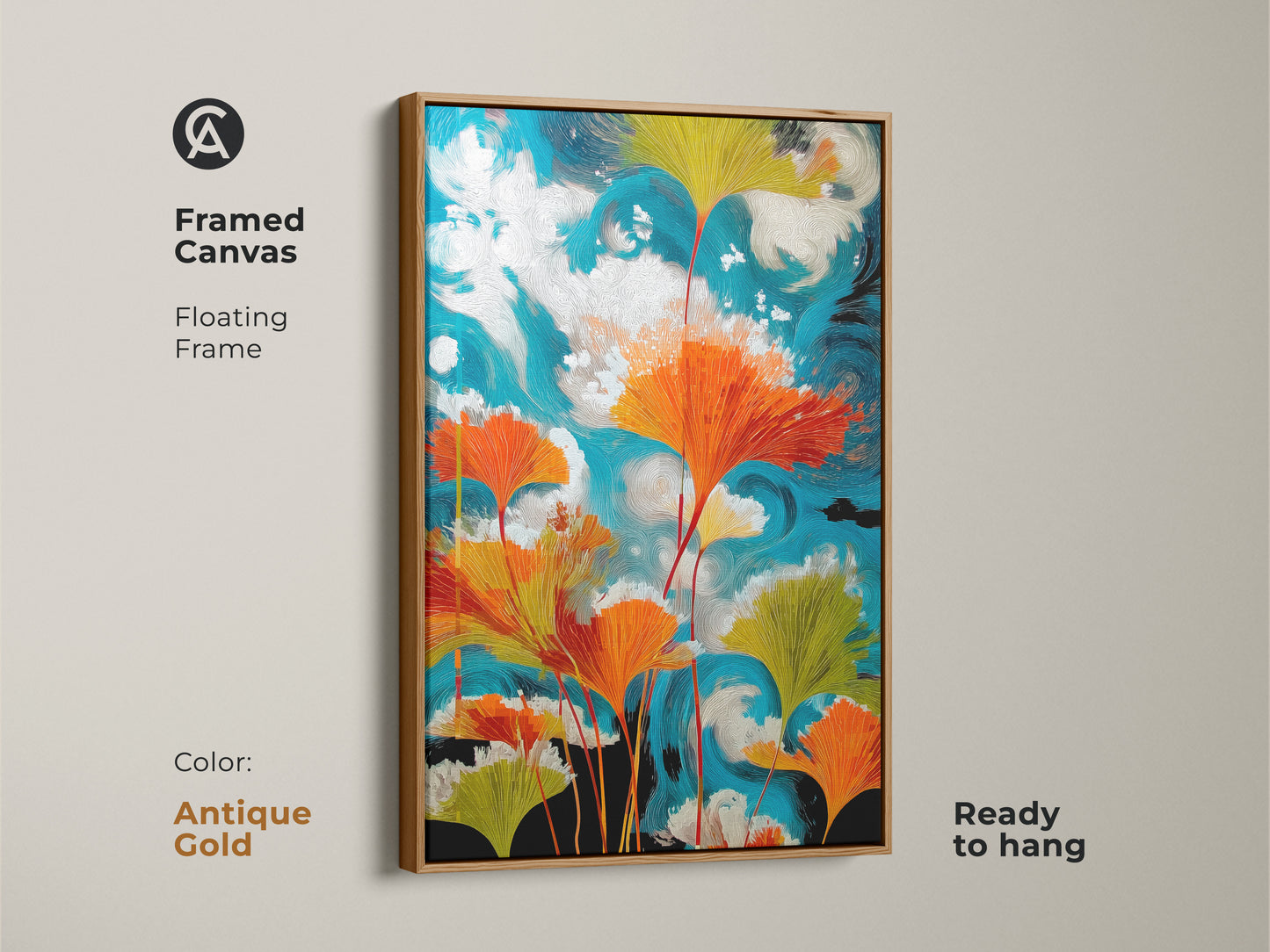 Framed canvas art showcases abstract ginkgo leaves artwork in an antique gold floating frame. The teal orange botanical canvas creates a swirling sky. This modern nature artwork adds an eclectic touch. Ready to hang for plant lovers seeking vibrant botanical prints.