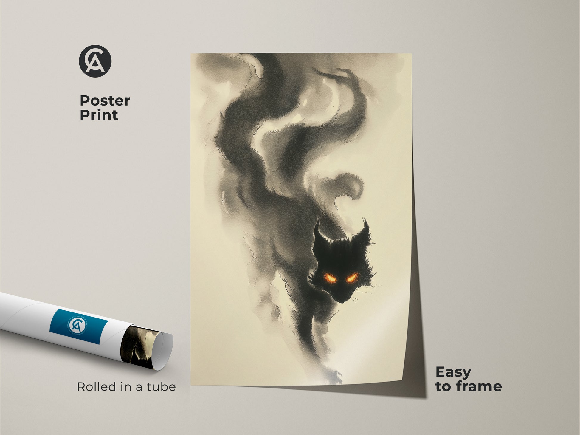 Poster print of a black cat emerging from smoke with glowing eyes. This cat art is rolled in a tube for easy framing. Add a touch of gothic style to your home with this unique poster print.