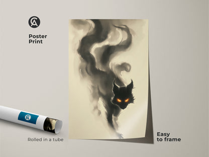 Poster print of a black cat emerging from smoke with glowing eyes. This cat art is rolled in a tube for easy framing. Add a touch of gothic style to your home with this unique poster print.
