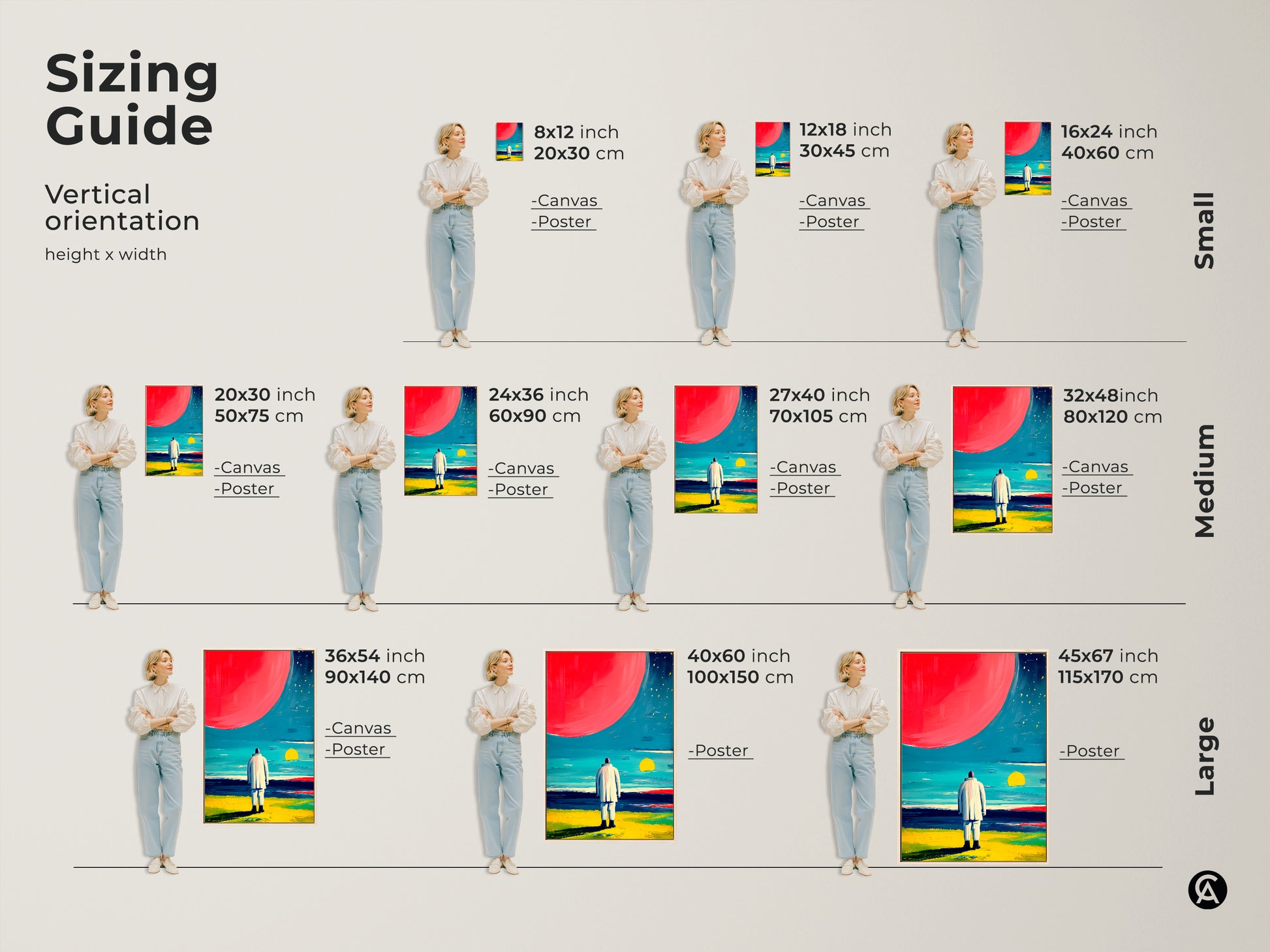 Sizing guide for the abstract geometric wall art. Available as canvas or poster. Vertical orientation with sizes from small medium to large. Perfect for adding modern geometric art to any home or office wall.