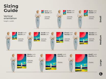 Sizing guide for the abstract geometric wall art. Available as canvas or poster. Vertical orientation with sizes from small medium to large. Perfect for adding modern geometric art to any home or office wall.