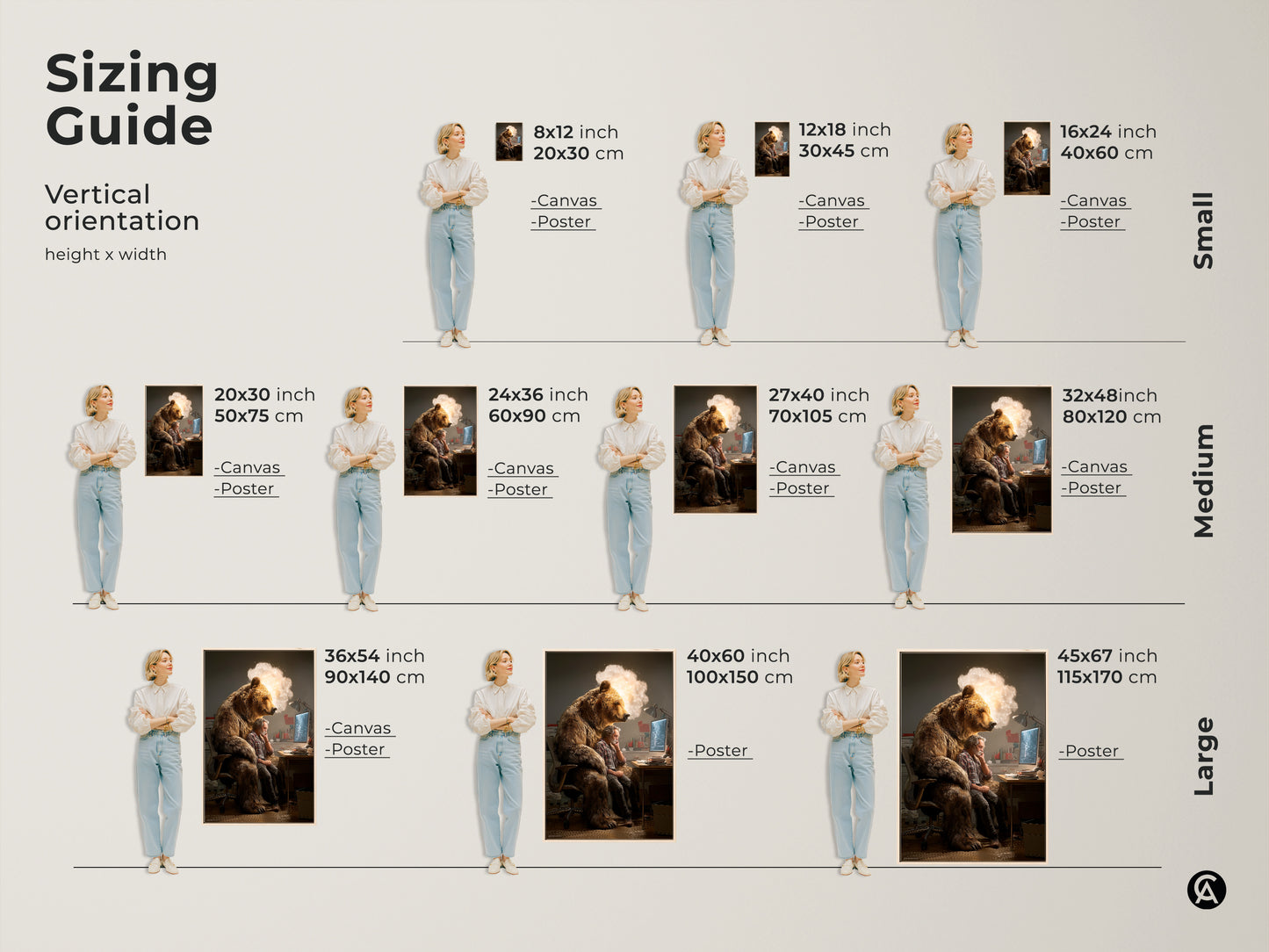 A sizing guide featuring vertical orientations from small to large. It shows the conceptual bear man artwork in various sizes. Find the perfect fit for your space. These canvas and poster options are great for any office.