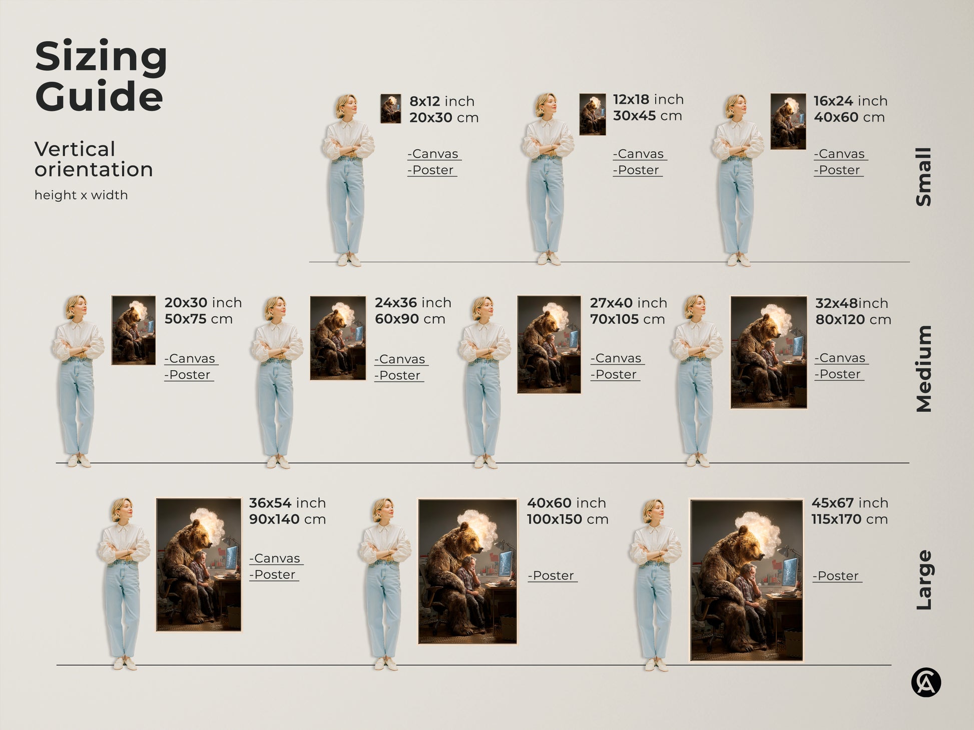 A sizing guide featuring vertical orientations from small to large. It shows the conceptual bear man artwork in various sizes. Find the perfect fit for your space. These canvas and poster options are great for any office.