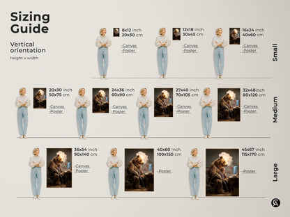 A sizing guide featuring vertical orientations from small to large. It shows the conceptual bear man artwork in various sizes. Find the perfect fit for your space. These canvas and poster options are great for any office.