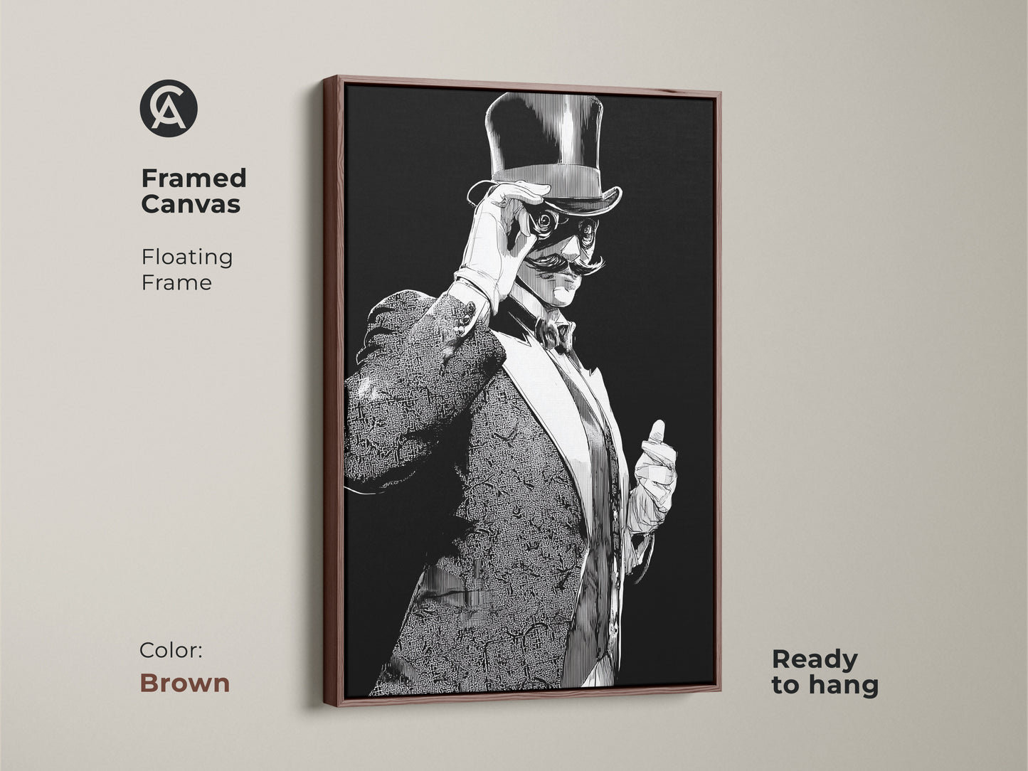 Brown framed canvas featuring a vintage man with a top hat. This art deco gentleman art piece displays a black and white ink drawing style. Ready to hang this study room artwork offers classic charm.