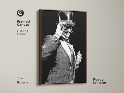 Brown framed canvas featuring a vintage man with a top hat. This art deco gentleman art piece displays a black and white ink drawing style. Ready to hang this study room artwork offers classic charm.