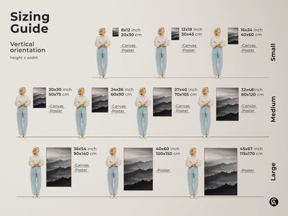 Sizing guide for vertical minimalist mountain waves art. See how canvas and poster prints fit various wall sizes. Visualize 8x12 to 45x67 inch options. Find the perfect monochrome landscape for your home or office decor.
