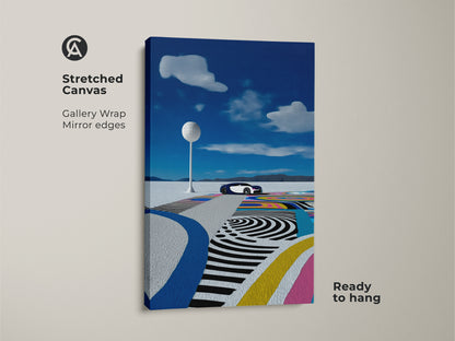 Stretched canvas gallery wrap of futuristic car art in a surreal desert landscape. Electric blue and teal tones bring modern flair to any room. Ready to hang with mirrored edges. Elevate your space with this automotive canvas print. Perfect for a modern den or office decor.