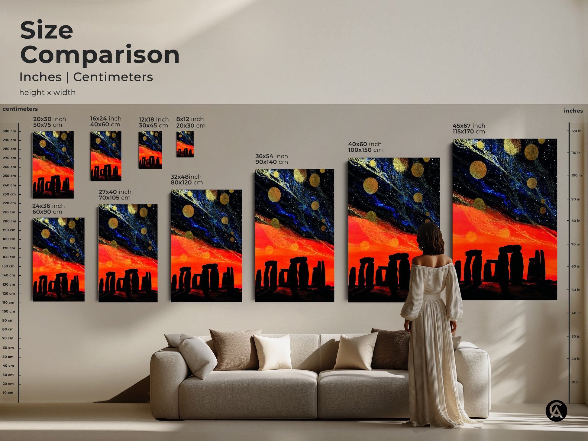 Size comparison of Stonehenge night canvas prints. Inches and centimeters. Abstract fantasy landscape art for your home. This cosmic starry sky wall art is perfect eclectic celestial decor. Various sizes to suit any room's needs.