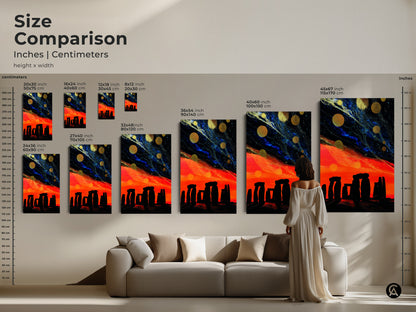 Size comparison of Stonehenge night canvas prints. Inches and centimeters. Abstract fantasy landscape art for your home. This cosmic starry sky wall art is perfect eclectic celestial decor. Various sizes to suit any room's needs.