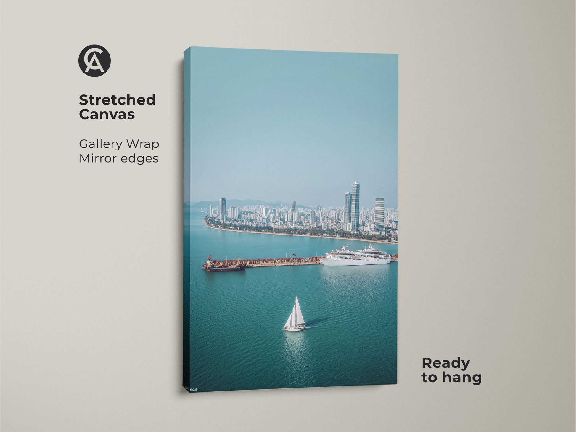 Stretched Canvas art featuring an aerial cityscape. Gallery wrap with mirror edges. Ready to hang. Ocean view art print with a sailboat cruise ship. Blue teal artwork.