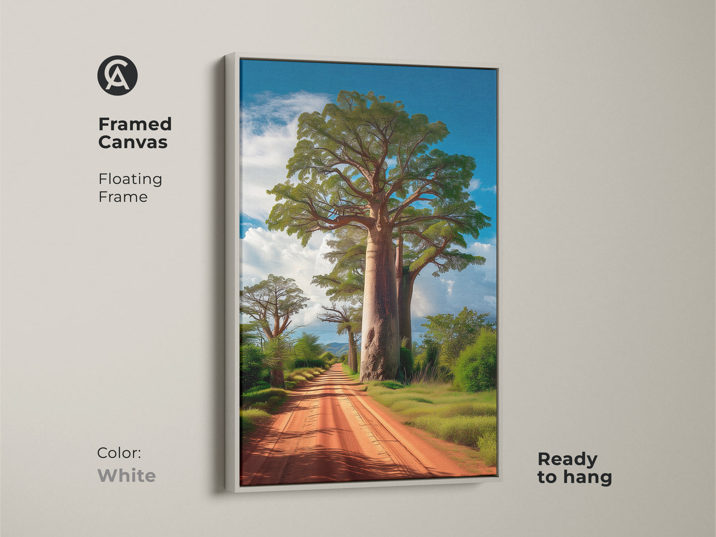 Framed canvas art featuring an African Savanna landscape with a Baobab tree. The floating frame is white. Ready to hang in any room. This earth tones artwork adds a touch of adventure to your home decor.