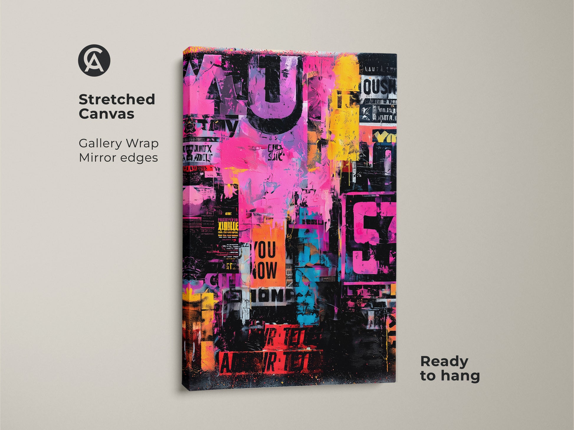 A stretched canvas print of collage art. The artwork has bright pink yellow and blue colors. It includes stenciled words and numbers. The canvas has mirror edges and is ready to hang. This is a modern art for your home.