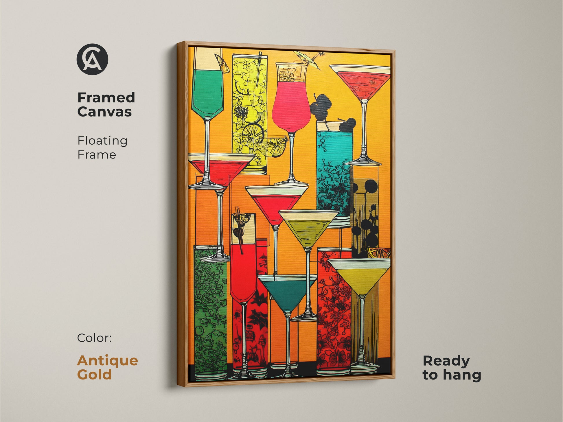 This framed canvas features a retro cocktail artwork. The floating frame has an antique gold finish. The modern folk kitchen art brings charm to any space. It features orange red and yellow tones. Ready to hang abstract martini art enhances any bar area.