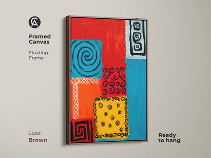 This framed canvas features tribal symbols in a captivating geometric art. The red orange and blue abstract folk art print creates a unique focal point. With its warm brown floating frame this piece adds eclectic charm to any room. Ready to hang makes it an effortless addition to your decor.