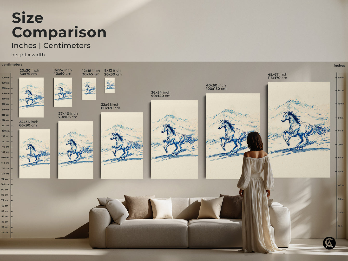 Size comparison of the blue line art horse print available in various sizes. From 8x12 inch to 45x67 inch. This rustic equestrian sketch print can transform any room. Choose the perfect size for your space to enjoy this running horse wall art.