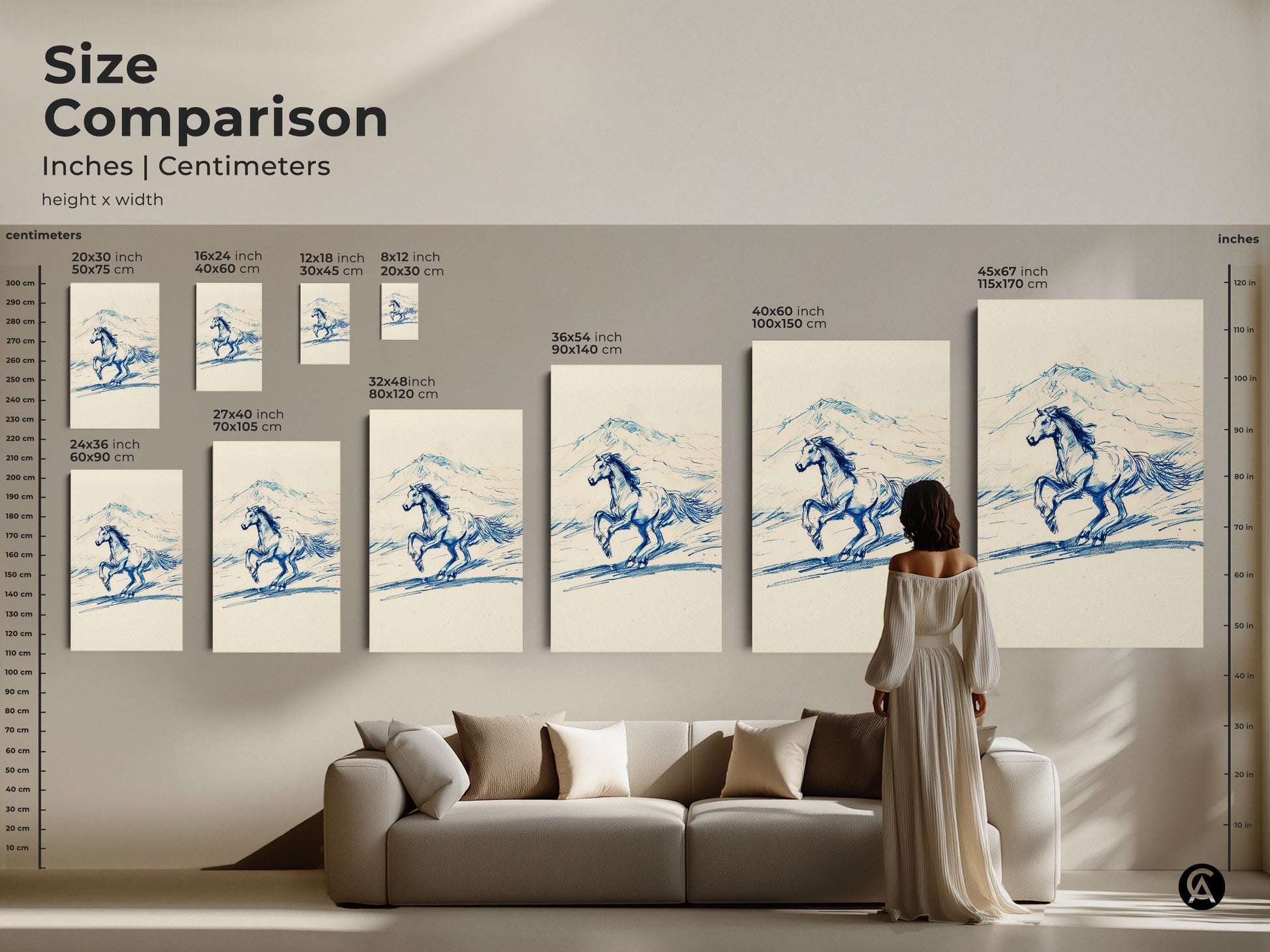 Size comparison of the blue line art horse print available in various sizes. From 8x12 inch to 45x67 inch. This rustic equestrian sketch print can transform any room. Choose the perfect size for your space to enjoy this running horse wall art.