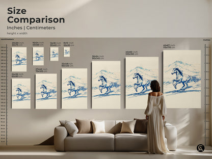 Size comparison of the blue line art horse print available in various sizes. From 8x12 inch to 45x67 inch. This rustic equestrian sketch print can transform any room. Choose the perfect size for your space to enjoy this running horse wall art.