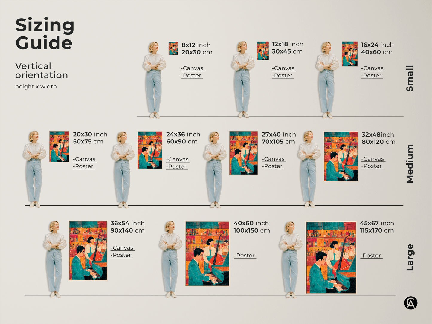Sizing guide for vertical jazz band canvas prints and posters. Available in small medium and large sizes. Find the perfect fit for your space. Enhance your bar lounge decor with this unique music gift.