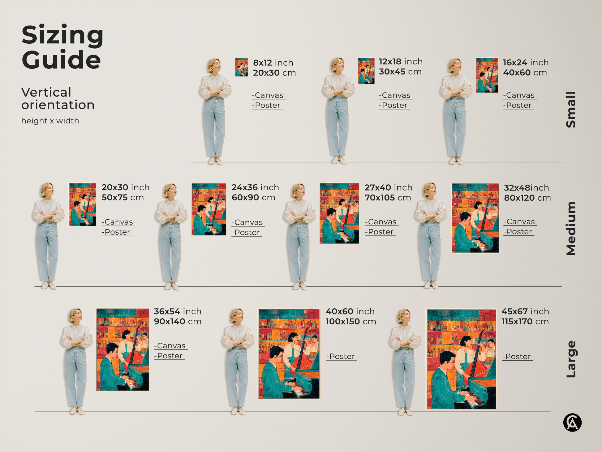Sizing guide for vertical jazz band canvas prints and posters. Available in small medium and large sizes. Find the perfect fit for your space. Enhance your bar lounge decor with this unique music gift.