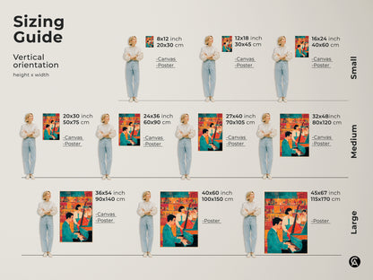 Sizing guide for vertical jazz band canvas prints and posters. Available in small medium and large sizes. Find the perfect fit for your space. Enhance your bar lounge decor with this unique music gift.