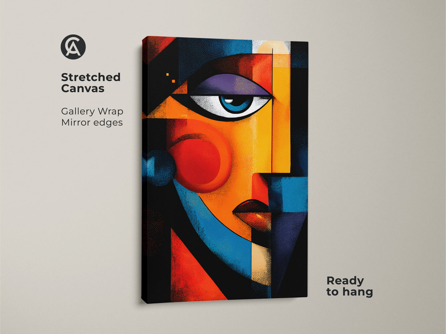 Stretched canvas print of an abstract face artwork. Gallery wrapped with mirrored edges this piece is ready to hang. The colorful geometric shapes create a modern and eye-catching look.