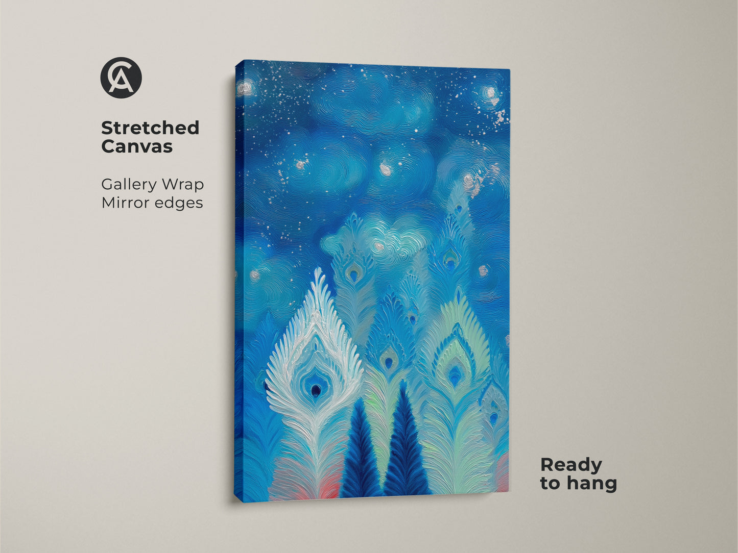 A stretched canvas features an abstract interpretation of peacock feathers. The colors are deep blue and teal. This artwork has a textured impressionistic style. This gallery wrapped canvas is ready to hang adding an eclectic vibe to any room.