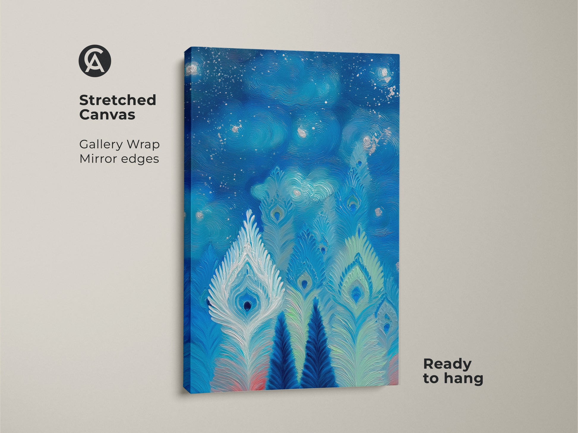 A stretched canvas features an abstract interpretation of peacock feathers. The colors are deep blue and teal. This artwork has a textured impressionistic style. This gallery wrapped canvas is ready to hang adding an eclectic vibe to any room.