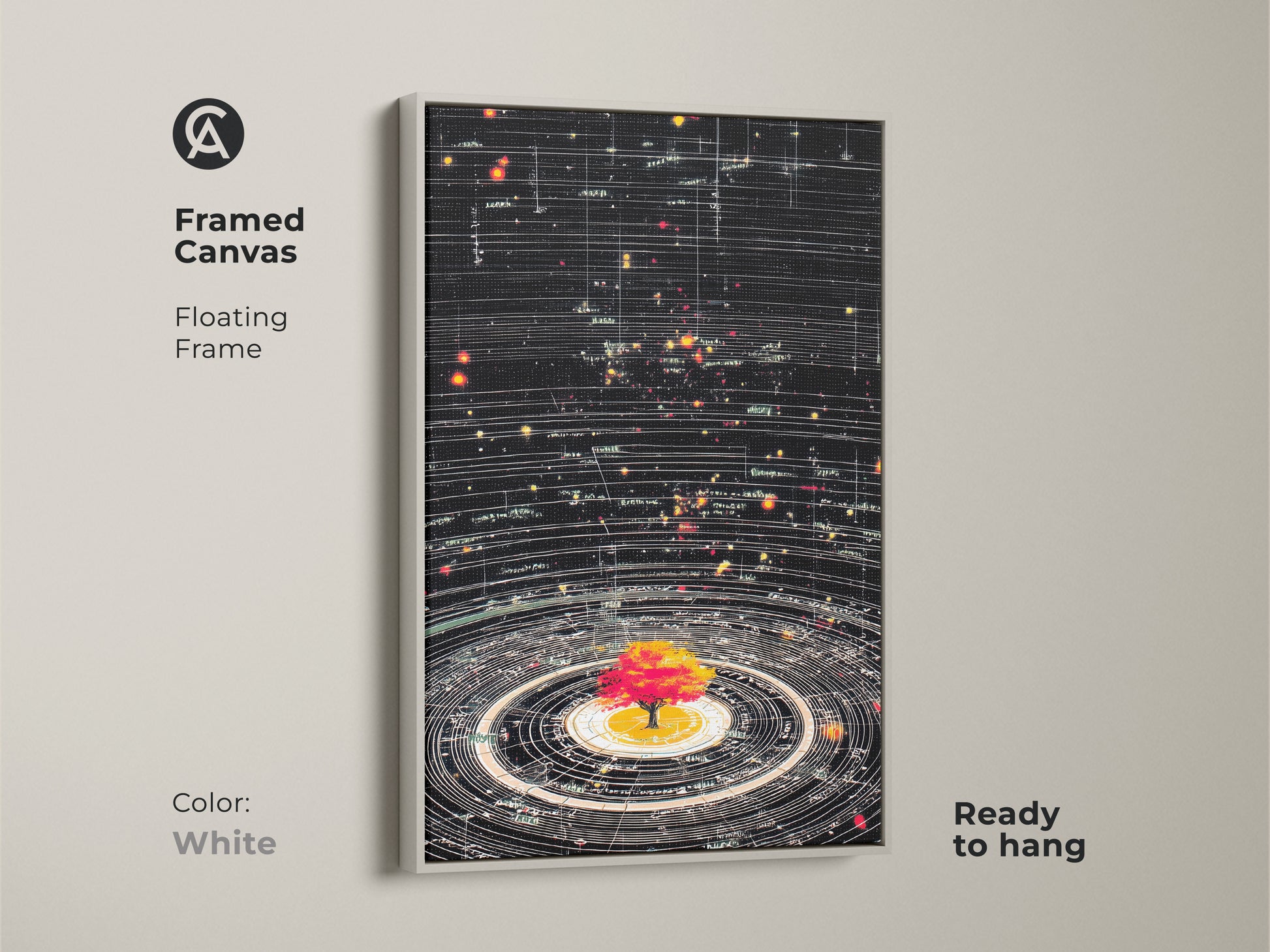 White Framed Canvas featuring a Generative Abstract Cosmic Tree of Life. The floating frame enhances contemporary art print. This science theme wall decor is ideal for adding style to a study room or office. The orbit wall art brings a touch of astronomy to any space.