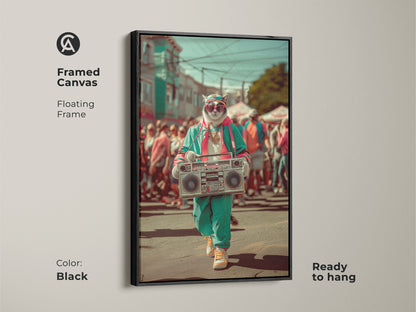 Framed Canvas in Black featuring Cool Cat with Boombox art. The floating frame enhances this hip hop fan gift. This eclectic home decor is ready to hang.