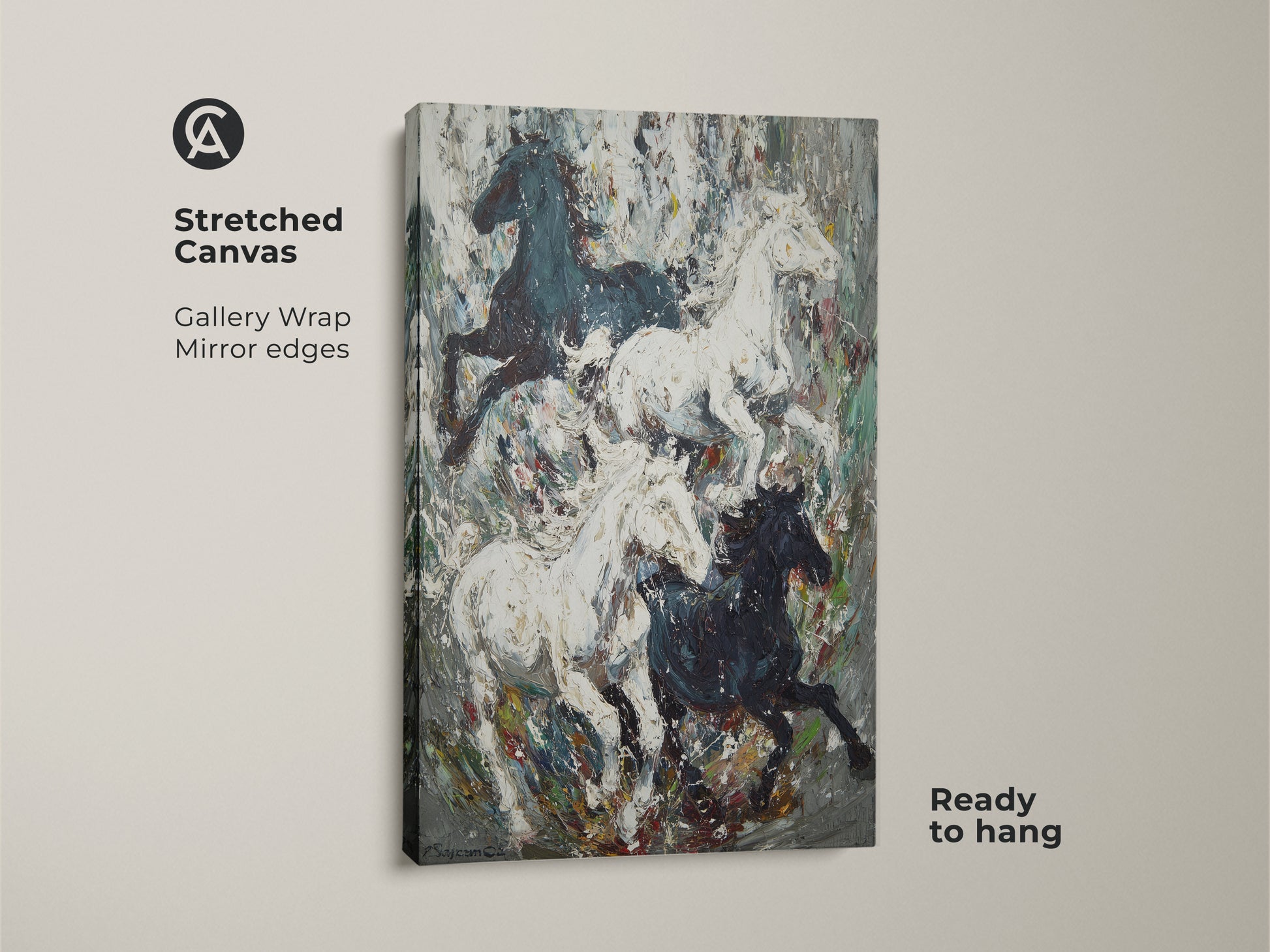 Stretched canvas print featuring wild horses. Impressionist horse artwork in black white and gray. Gallery wrapped with mirrored edges ready to hang. An ideal eclectic wall decor for modern homes. Perfect housewarming gift for equestrian art enthusiasts.