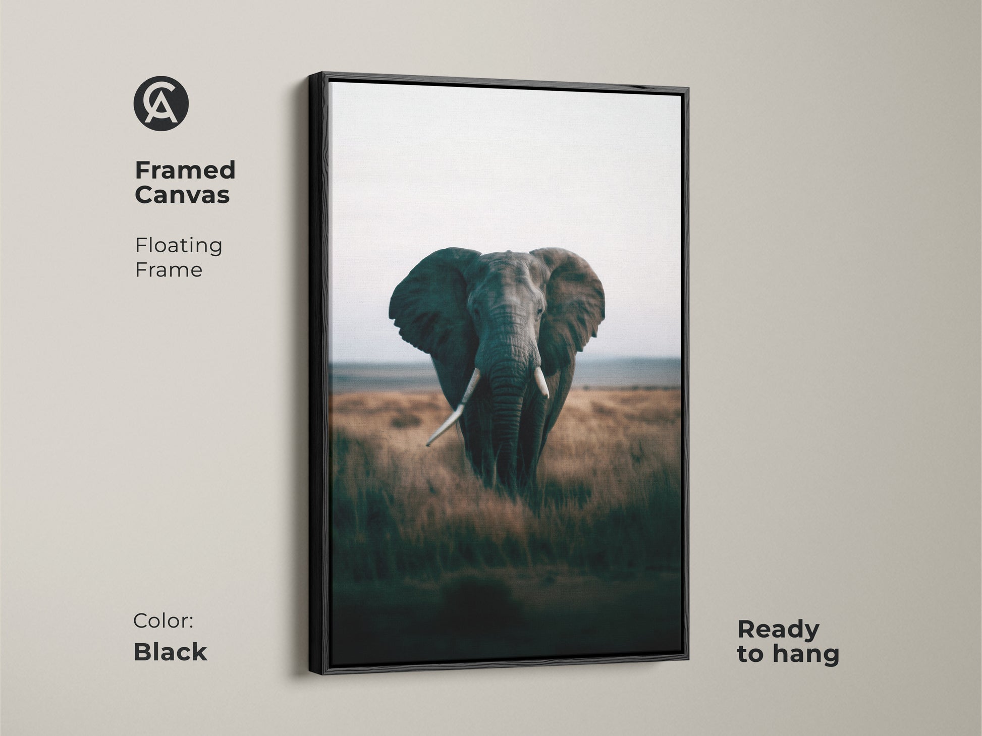 Framed canvas featuring an elephant. The floating frame in black enhances this wildlife art. This African savanna nature scene is ready to hang. Perfect animal portrait poster for contemporary homes. Add a touch of natural elegance to your living room or bedroom.