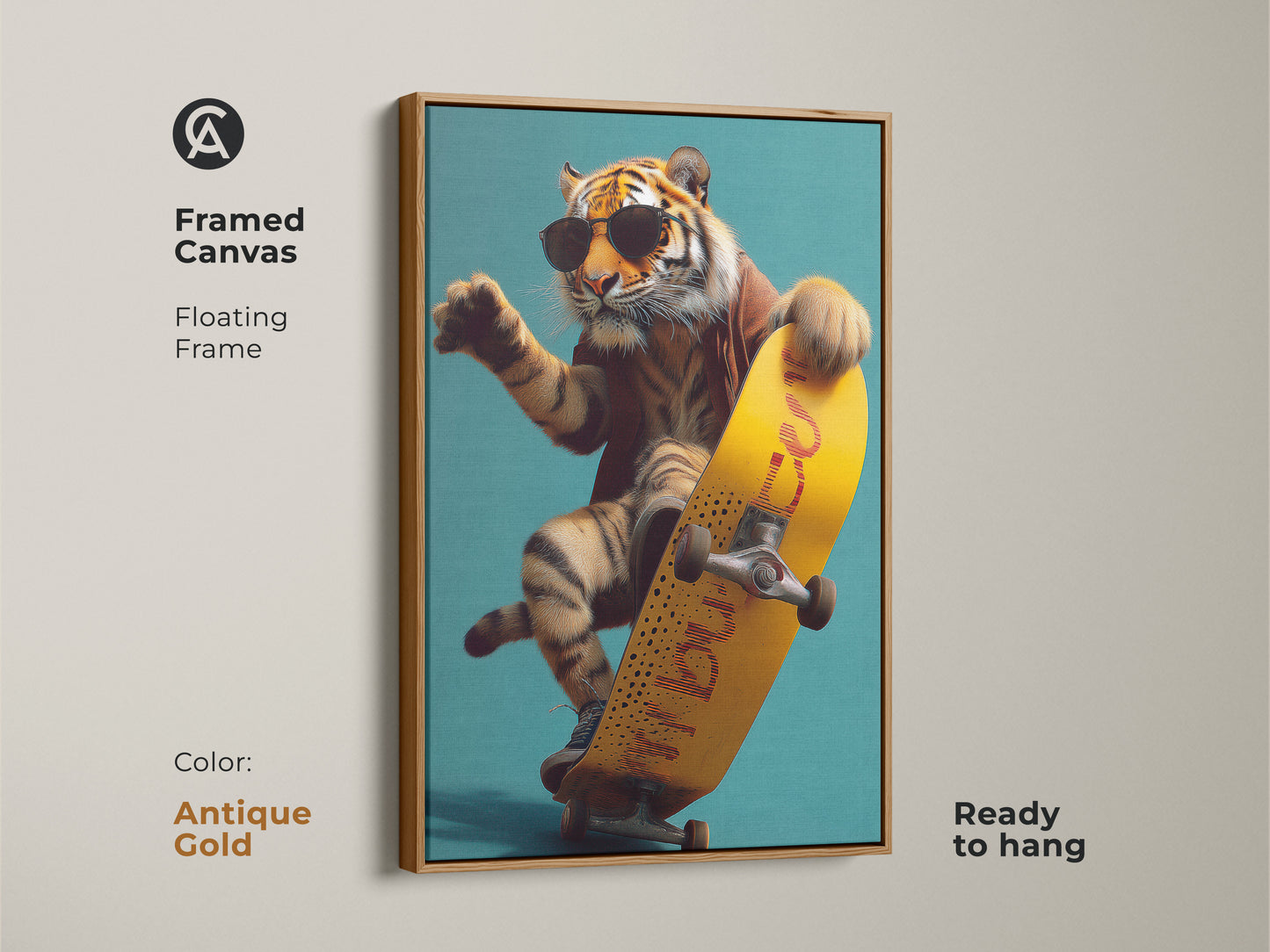 This framed Canvas is in Antique Gold and features a tiger on a yellow skateboard. It is an urban surrealism wall art piece. This cool animal artwork is ready to hang. A perfect edgy wall art piece.