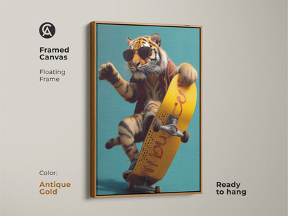 This framed Canvas is in Antique Gold and features a tiger on a yellow skateboard. It is an urban surrealism wall art piece. This cool animal artwork is ready to hang. A perfect edgy wall art piece.
