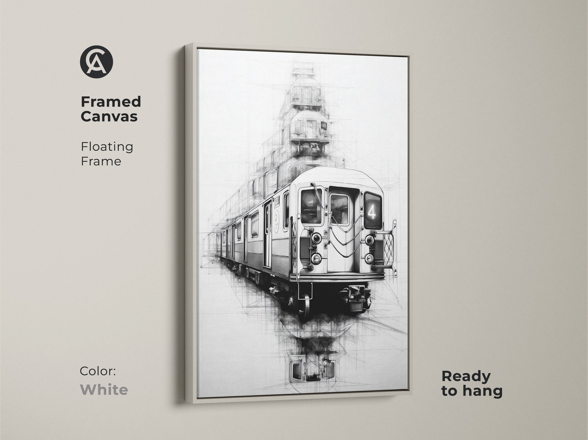 A framed canvas with a white floating frame showcases urban line art of a subway train ready to hang. The black white sketch art has an industrial loft aesthetic. This transportation art print adds modern decor.