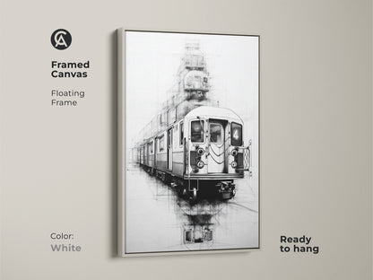 A framed canvas with a white floating frame showcases urban line art of a subway train ready to hang. The black white sketch art has an industrial loft aesthetic. This transportation art print adds modern decor.