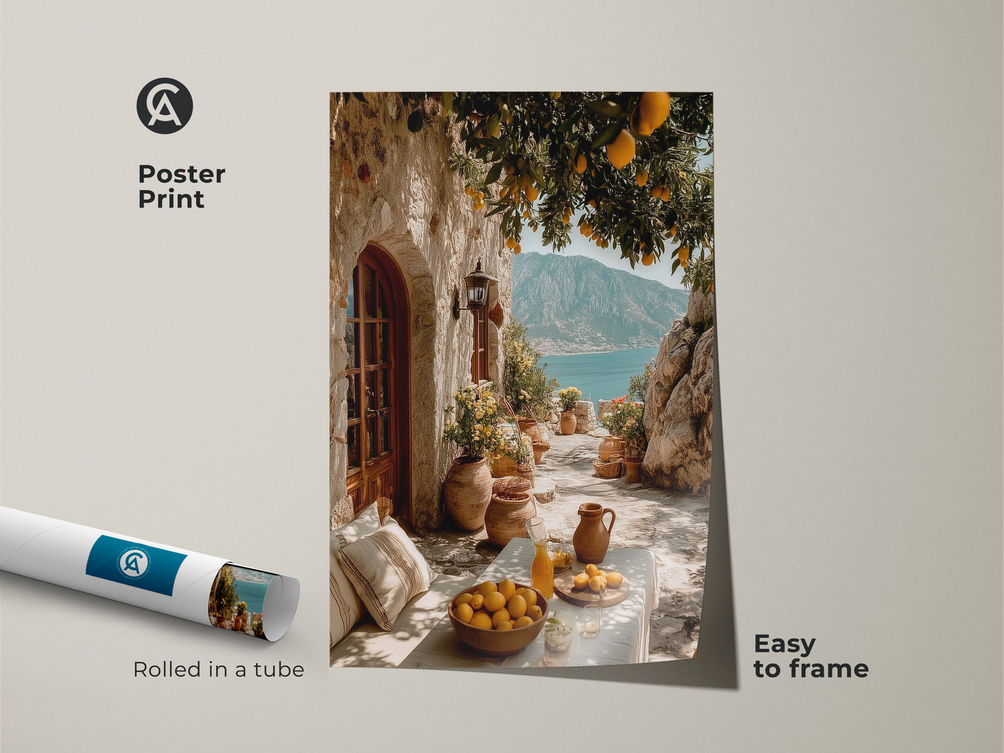 Poster Print of Mediterranean Lemon Tree art. This coastal village scene features a lemon tree overlooking the blue sea. Easy to frame travel inspired home decor for a sunny kitchen.